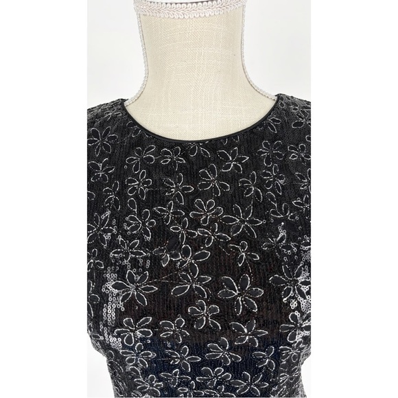 Badgley Mischka Black Silver Sequin Floral Lace Cocktail Dress Size 4 Sleeveless - Picture 6 of 10